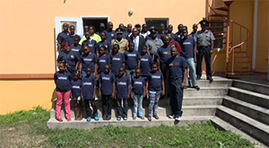 Premier of Nevis Hon. Vance Amory, along with the trainers and participants in the St. Kitts and Nevis Fire and Rescue Services Summer Safety Programme, at the Cotton Ground Community Centre on July 16, 2014