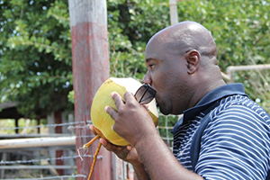 Agriculture Minister Hon. Alexis Jeffers drinks coconut water while on a tour at a government owned farm in Indian Castle (file photo)