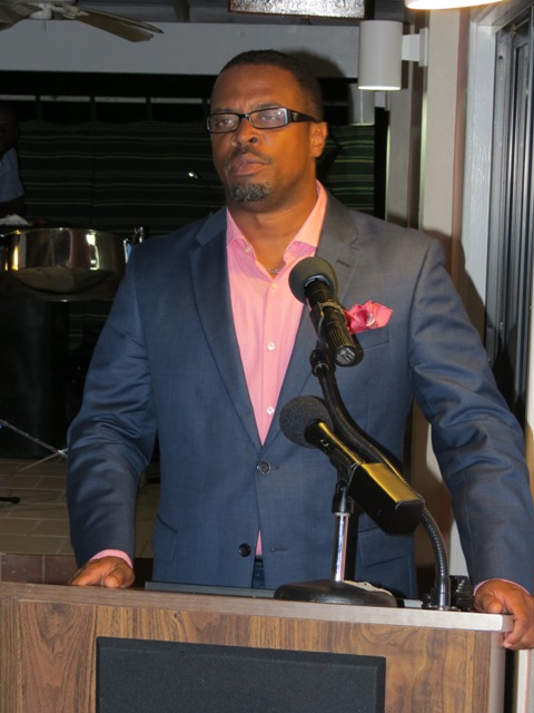 Deputy Premier of Nevis and Senior Minister in the Ministry of Social Development Hon. Mark Brantley delivering remarks at a reception for outstanding teenagers on Nevis at the Mount Nevis Hotel on November 22, 2014