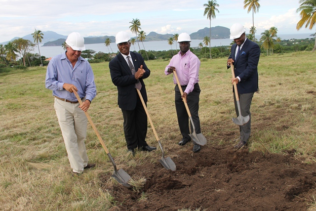 (L-R) Jason Molle, Hon.Vance Amory, Hon.Alexis Jeffers and Hon. Mark Brantley breaking ground on Monday Dec 15, 2014 at Colquhoun’s Estate