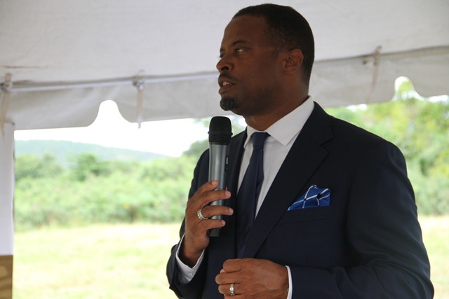 Minister of Tourism Honorable Mark Brantley delivering remarks at the Paradise Palm Resort Ground Breaking Ceremony on Monday Dec 15, 2014 at Colquhoun’s Estate.