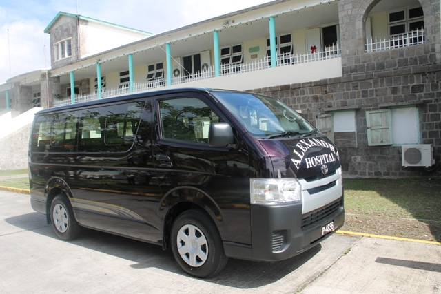 A Toyota bus, a gift from the St. Christopher and Nevis Social Security Board to the Alexandra Hospital on December 19, 2014
