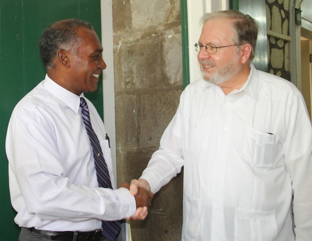 Premier of Nevis Hon. Vance Amory with Chief of the OAS Electoral Observer Mission His Excellency Frank Almaguer on February 13, 2015 at Bath Plain