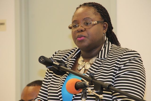 Junior Minister responsible for the Department of Youth and Sports Hon. Hazel Brandy-Williams delivers remarks at the department’s website launch on February 09, 2015 at the Emergency Operations Centre at Long Point