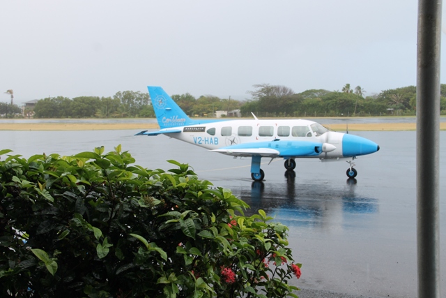 An Caribbean Helicopter Ltd. aircraft landing at the Vance W. Amory International Airport on February 20, 2015, for commencement of its air service to and from Nevis via Antigua.