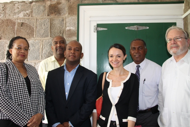 Deputy Chief of OAS Electoral Observer Mission and Secretariat for Political Affairs, Department for Electoral Cooperation and Observation Marcela Garzon; OAS Advisor Paul O. Spencer, OAS Representative to St. Kitts and Nevis Terence Craig, OAS Political Advisor Melene Glynn, Premier of Nevis Hon. Vance Amory and Chief of the OAS Observer Mission and Senior Advisor for International Cooperation and Development His Excellency Frank Almaguer on February 13, 2015 at Bath Plain