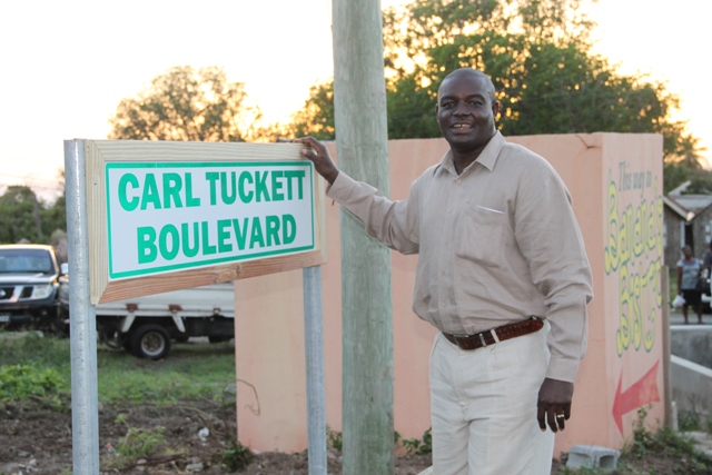 Carl Tuckett unveils the road sign in his honour on February 03, 2015.