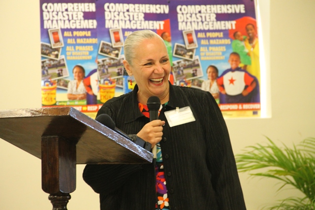 President of the Youth for Human Right International Dr. Mary Shuttleworth delivering remarks at the UNESCO Youth for Human Rights Awareness Training for Trainers Workshop on March 4, 2015 at the Disaster Management Department’s Emergency Operation Center Conference Room.