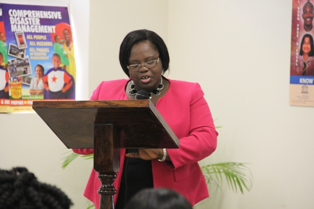 Minister of Social Development Hon. Hazel Brandy–Williams delivering remarks at the UNESCO Youth for Human Rights Awareness Training for Trainers Workshop on March 4, 2015 at the Disaster Management Department’s Emergency Operation Center Conference Room.