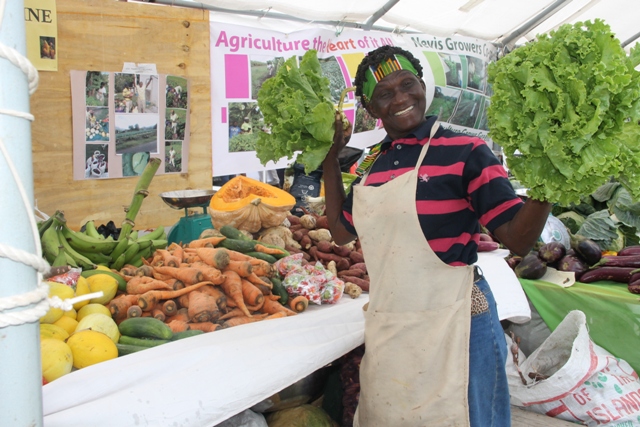 Award-winning Nevis farmer Emontine Thompson showing off her produce on display at the Department of Agriculture’s Open Day 2015 at the Villa Grounds in Charlestown on the second day of the two-day event on March 27, 2015