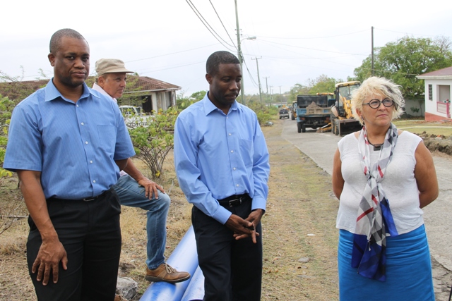 Caribbean Development Bank officials check on progress of the Nevis Water Supply Enhancement Project at Camps Village on April 16, 2015 during a supervision mission. (L-R) Operations Officer (Civil Engineer) and Water Specialist Lennox O. Lewis, Portfolio Manager, Economic Infrastructure Division and newly-appointed Civil Infrastructure Engineer for St. Kitts and Nevis Dr. Anna McCrea