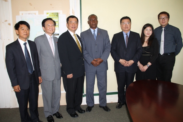 Taiwan International Cooperation Development Project Manager Chang Ching Yeh, Counsellor of the Embassy of the Republic of China (Taiwan) David Y T Yu, Ambassador of the Republic of China (Taiwan) of St.Kitts and Nevis His Excellency George Gow Wei Chiou, Premier of Nevis Hon. Vance Amory, Speedtech Energy General Manager Lucas Chiu, Director Emma Huang and Engineer Bruce Wu on April 08, 2015, at the Nevis Island Administration building at Bath Plain