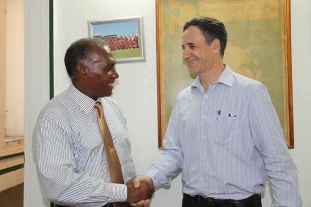 Premier of Nevis Hon Vance Amory (left) welcomes Israeli Ambassador to St. Kitts and Nevis and the Caribbean His Excellency Mordehai Amihai-Bivas during a courtesy call on April 07, 2015, at the Nevis Island Administration building at Bath Plain