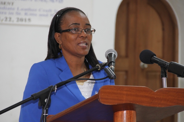 Head of the Small Enterprise Development Unit Catherine Forbes at the opening ceremony of the Caribbean Development Bank-sponsored Intermediate Leather Craft Workshop on May 11, 2015 at St.Pauls Anglican Church School Hall
