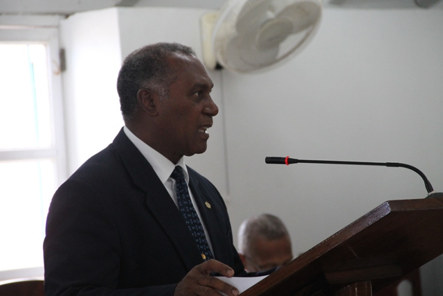 Premier of Nevis and Minister of Finance in the Nevis Island Administration Hon. Vance Amory at the Nevis Island Assembly sitting on May 27, 2015