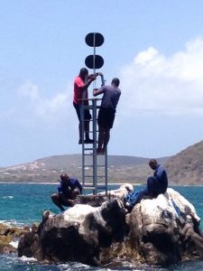 The frame for the navigational lighting on top of Cow and Calf rocks in the Narrows between St. Kitts and Nevis