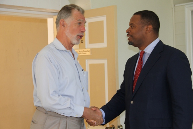 Foreign Affairs Minister of St. Kitts and Nevis and Deputy Premier of Nevis Hon. Mark Brantley welcomes Ambassador of the Federal Republic of Germany to St. Kitts and Nevis His Excellency Lutz Görgen during a courtesy call on June 24, 2015 at the Nevis Island Administration building at Bath Plain