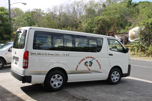 The new Toyota bus handed over to the Nevis Cultural Development Foundation by Minister of Culture Hon. Mark Brantley on June 11, 2015, through the Nevis Island Administration and a partnership with TDC