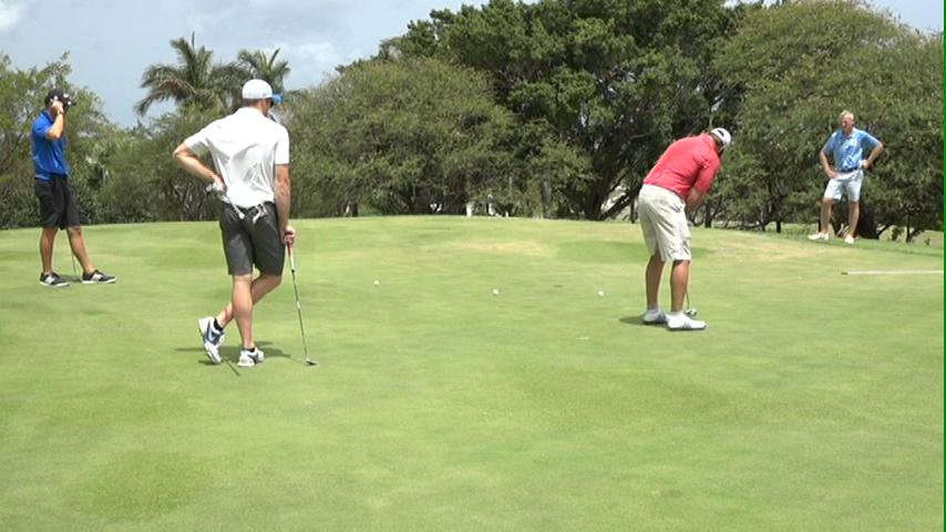 2015 Hero-sponsored Caribbean Premier League players on the Four Seasons Resort golf course during a visit to Nevis on June 01, 2015