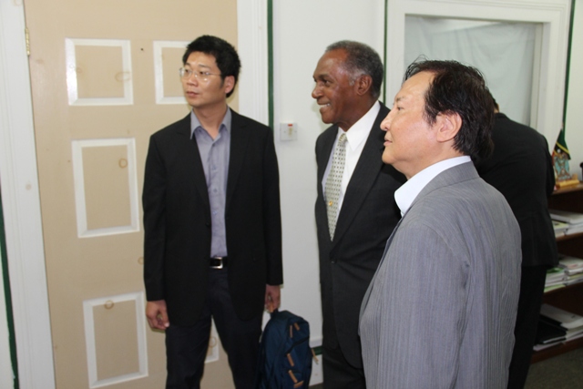 (l-r) Taiwan International Cooperation and Development Fund Specialist Yu-Ming Lu, Premier of Nevis Hon. Vance Amory and   during a courtesy visit on July 14, 2015 at the Nevis Island Administration’s Bath Plain office.