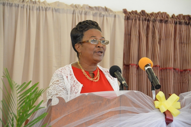 Veteran Educator on Nevis Marion Lescott delivering the school report at the recent graduation ceremony of the Elizabeth Pemberton Primary School at the United Pentecostal Church, Marion Heights