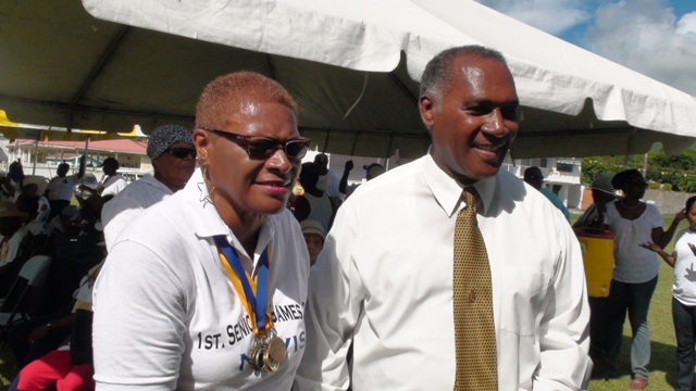 Premier of Nevis Hon. Vance Amory and Patron for the inaugural Nevis Seniors Fun and Action Games Meredith Amory-Field at the Elquemedo Willet Park on October 15, 2015