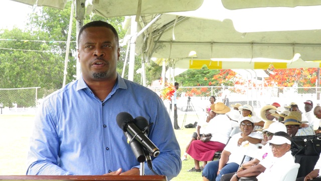 Deputy Premier of Nevis and Senior Minister of Social Development Hon. Mark Brantley delivering remarks at the opening ceremony for the inaugural Nevis Seniors Fun and Action Games at the Elquemedo Willet Park on October 15, 2015
