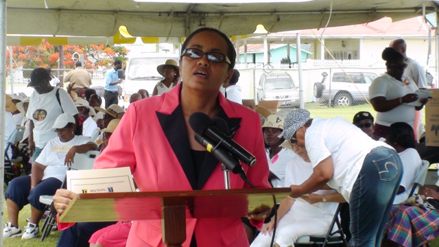 Minister of State for Health and Social Services in the Federal Government, Hon. Wendy Phipps delivering remarks at the opening ceremony for the inaugural Nevis Seniors Fun and Action Games at the Elquemedo Willet Park on October 15, 2015