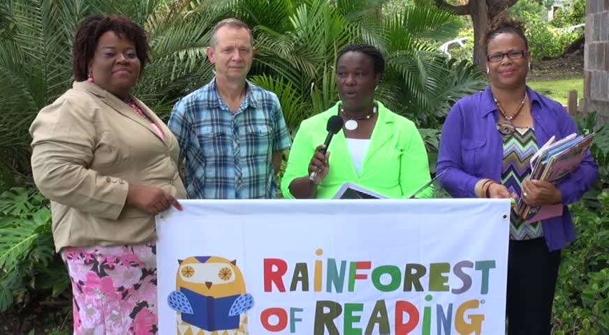 Members of the Department of Education’s Literacy Team (l-r) School Librarian Londa Brown, Education Officer responsible for Literacy Development Terres Dore and Education Officer responsible for Creative Arts and Learning Support and Author Cynthia Grenyion with (second from left) Co-founder of OneWorld Schoolhouse Foundation Richard Clewes