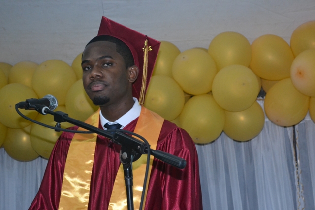 Valedictorian of the Nevis Sixth Form College (CAPE) Graduating Class of 2015 Tyler Martin delivering his valedictory speech at the Charlestown Secondary School and the Nevis Sixth Form College Graduation and Prize-giving Ceremony at the Cicely Grell-Hull Dora Stevens Netball Complex on November 11, 2015