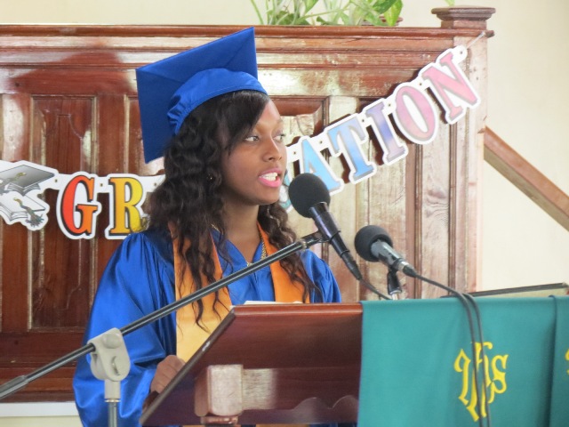 Derez Morton Valedictorian of the Gingerland Secondary School’s Graduating Class of 2015 delivering the valedictory speech at the 42nd annual graduating ceremony at the Gingerland Methodist Church on November 12, 2015