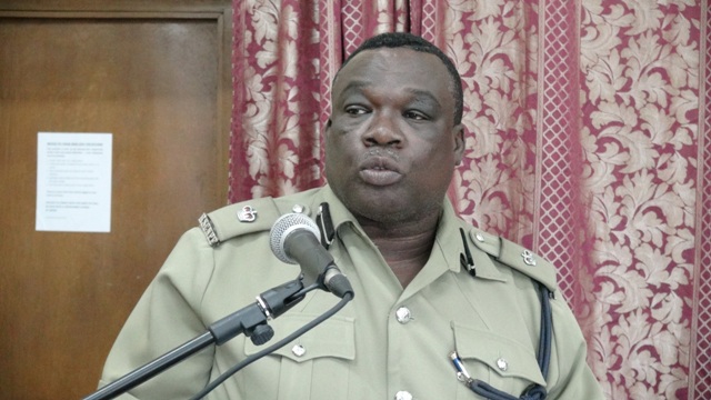 Head of the Nevis Division of the Royal St. Christopher and Nevis Police Force Superintendent Hilroy Brandy making a presentation at the division’s annual New Years’ Service on January 04, 2016, at the Charlestown Police Station