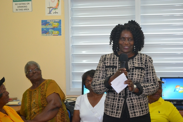 Coordinator of Adult and Continuing Education Officer, Mrs. Adina Taylor giving overview of Basic Computer Skills Course for Seniors at the VOJN Primary School Computer Laboratory on February 01 2016