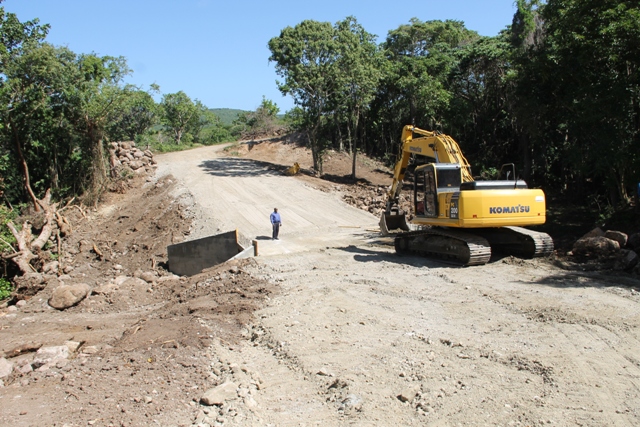 Hon. Alexis Jeffers, Minister of Housing and Lands in the Nevis Island Administration and Chairman of the Nevis Housing and Lands Development Corporation Board of Directors visiting the site for construction of a bridge at Colquhouns Estate in November 2015. The project is a collaborative effort between the Nevis Island Administration and private land developer Leighton Thomas schedule for completion in late February 2016