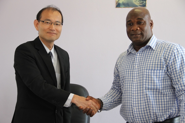 Minister responsible for Energy, Natural Resources and Public Utilities on Nevis Hon. Alexis Jeffers with Ogawa Tadayuki Senior Advisor (Energy and Power Sector) Professional Engineer at the Japan International Corporation Agency at the Nevis Island Administration conference room in Charlestown on March 01, 2016