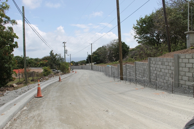 Retaining walls lining a section of Hanley’s Road on February 29, 2016, in the second phase of Nevis Island Administration’s Hanley’s Road Rehabilitation Project