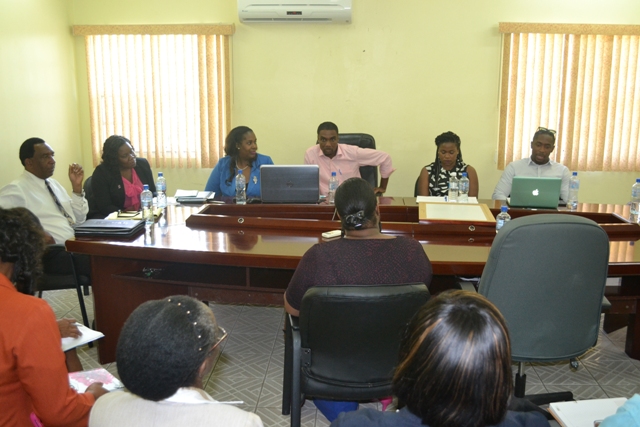 Some of the representatives from the Ministry of International Trade, Industry, Commerce and Consumer Affairs in St. Kitts delegation (l-r) Director of Industry and Commerce Philip Browne, Mrs. Lyndis Harris, Secretary for the Caribbean Single Market and Economy Skills Certificate Board, Mrs. Jasmine Warner-Weekes Director of Trade Research. (Second from left) Nyanya Browne Trade Policy Officer and Director of Bureau of Standards Hiram Williams at a meeting with Nevis counterparts at the Ministry of Finance conference room in Charlestown on April 05, 2016