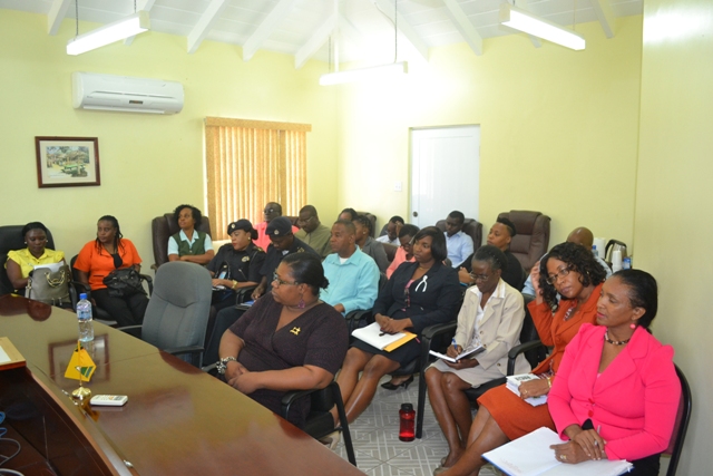 Persons from various government sectors in the Nevis Island Administration at a meeting with representatives from the Ministry of International Trade, Industry, Commerce and Consumer Affairs in St. Kitts and in Nevis at the Ministry of Finance conference room in Charlestown on April 05, 2016