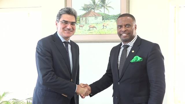 (l-r) Special Envoy of the Republic of Italy for Caribbean States, His Excellency Paolo Sepi and Minister of Foreign Affairs in St. Kitts and Nevis Hon. Mark Brantley at the Nevis Island Administration’s office at Bath Hotel on May 05, 2016