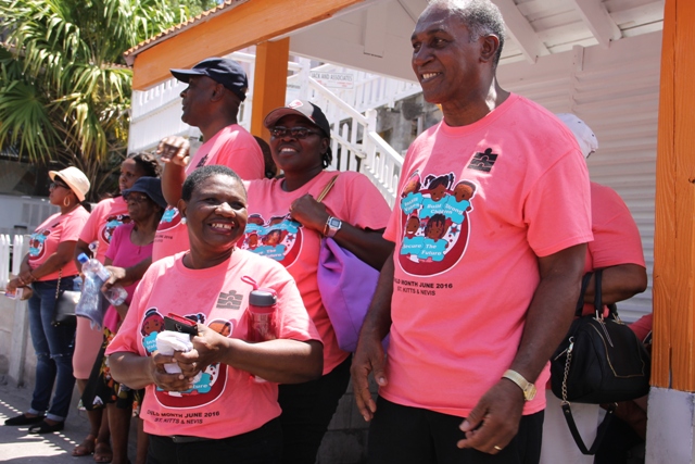 Premier of Nevis and Minister of Education Hon. Vance Amory (r) and Principal Education Officer in the Ministry of Education on Nevis Palsy Wilkin and Cabinet Secretary Stedmon Tross during the 32nd Child Month Parade in Charlestown on June 10, 2016