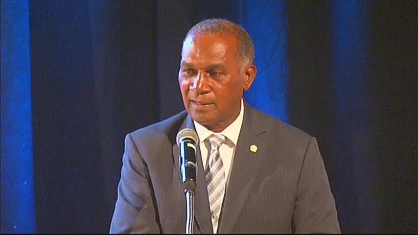 Premier of Nevis Hon. Vance Amory and Minister of Finance in the Nevis Island Administration, delivering an address at the 10th annual Consultation on the Economy hosted by the Ministry of Finance, at the Nevis Performing Arts Centre on September 22, 2016