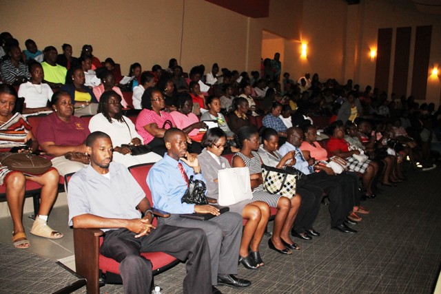 A section of teachers and school auxiliary staff on Nevis at the Department of Education’s annual Back to School opening ceremony at the Nevis Performing Arts Centre on August 29, 2016