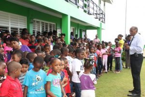 Premier of Nevis and Minister of Education Hon. Vance Amory addressing students at the Joycelyn Liburd Primary School during assembly on the school grounds on September 30, 2016