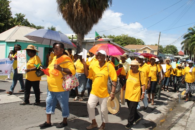 Senior Citizens on Nevis marching against ageism in Charlestown on October 07, 2016, the first activity for Month of Older Persons, hosted by the Seniors Division in the Department of Social Services, Ministry of Social Development