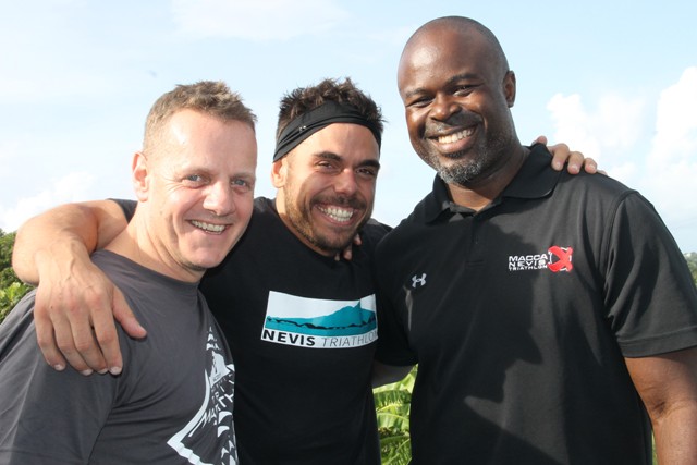 (L-r) Tim Lloyd, organiser with the Nevis Triathlon, Race Director for the Nevis Triathlon Greg Phillip with Athlete Adventurer Ross Edgley