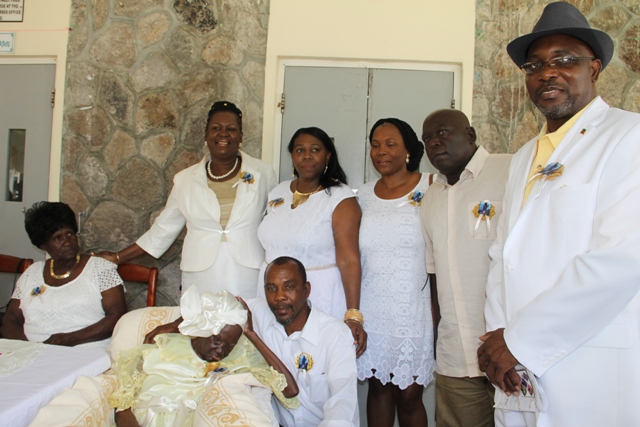 Birthday girl Celian “Martin” Powell with her family at the celebration of her 105th birthday on January 19, 2017, at the Flamboyant Nursing Home with Hon. Carlisle Powell, her grandson, standing at her extreme right