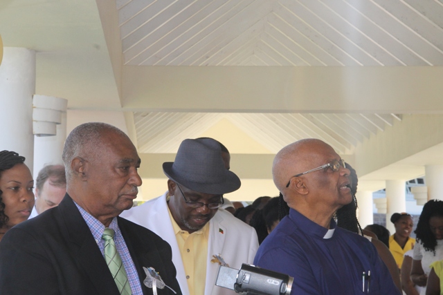 (l-r) Leader of the Opposition on Nevis Hon. Joseph Parry, grandson of Celian “Martin” Powell and Reverend Morland Williams at Ms. Powell’s 105th birthday celebration on January 19, 2017 at the Flamboyant Nursing Home