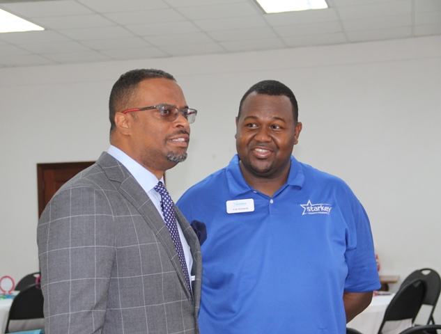 (l-r) Kirk Richards, the Starkey Hearing Foundation’s International Development Director for the Caribbean with Hon. Mark Brantley, Deputy Premier of Nevis and Minister of Health at Foundation’s mission at the Anglican Church Hall in Charlestown on June 08, 2017