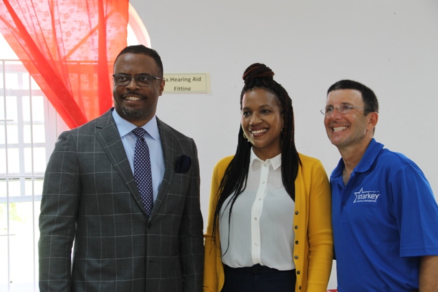 (l-r) Hon. Mark Brantley Deputy Premier of Nevis and Minister of Health and Nicole Slack-Liburd, Permanent Secretary in the Ministry of Health and Todd Bloom of the Starkey Hearing Foundation at foundation’s hearing mission at the Anglican Church Hall in Charlestown on June 08, 2017