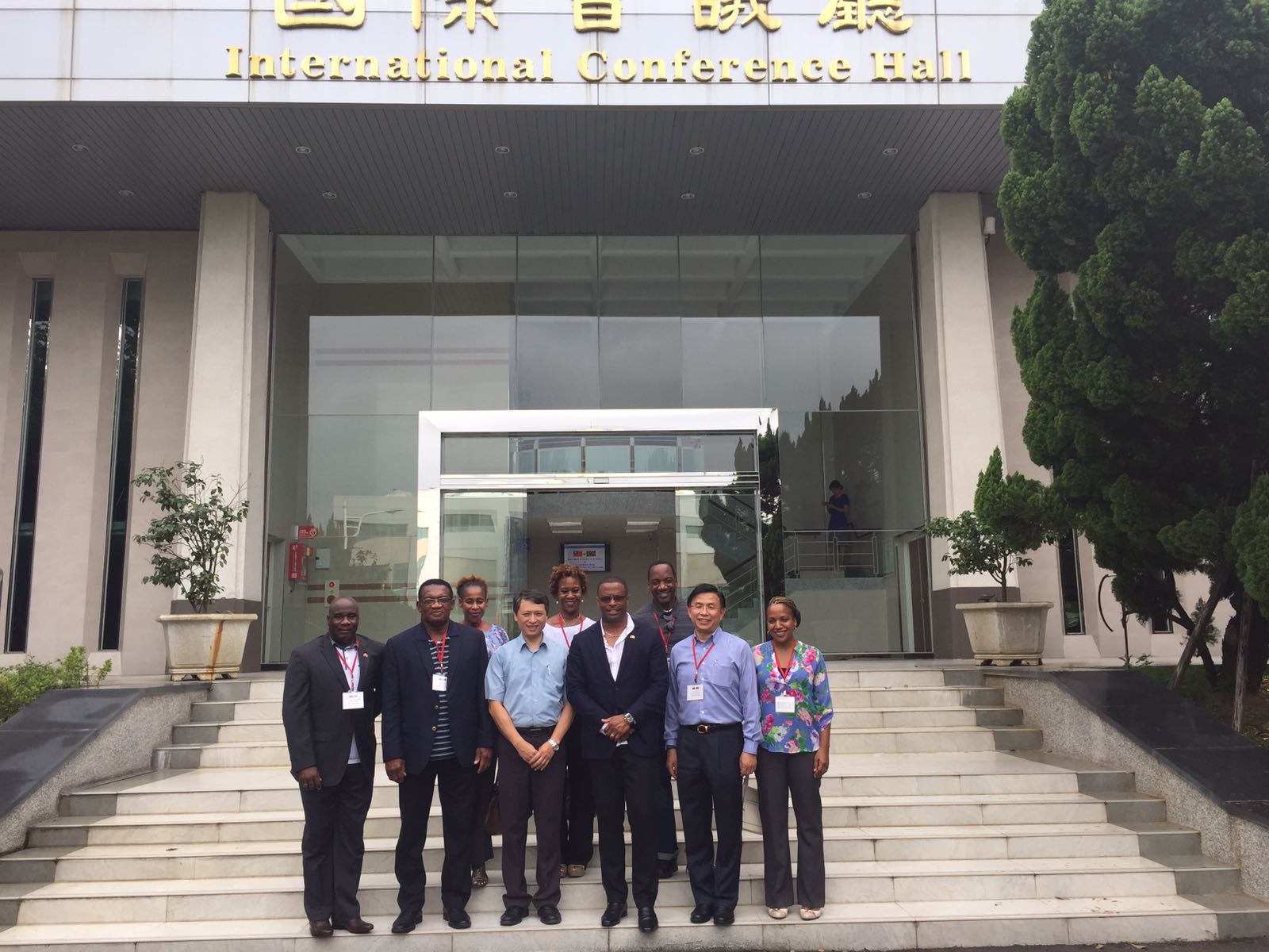 Minister of Agriculture in Nevis Honourable Alexis Jeffers (extreme left) Minister of Agriculture in St. Kitts Honourable Eugene Hamilton (second from left) with officials from the Agriculture Research Institute in Taichung, Taiwan, other members of a delegation from Her Excellency Jasmine Huggins, St. Kitts and Nevis, St. Kitts and Nevis Resident Ambassador to the Republic of China (Taiwan) (fifth from left) and head of the delegation, Foreign Affairs Minister Hon. Mark Brantley (fourth from right) on August 22, 2017